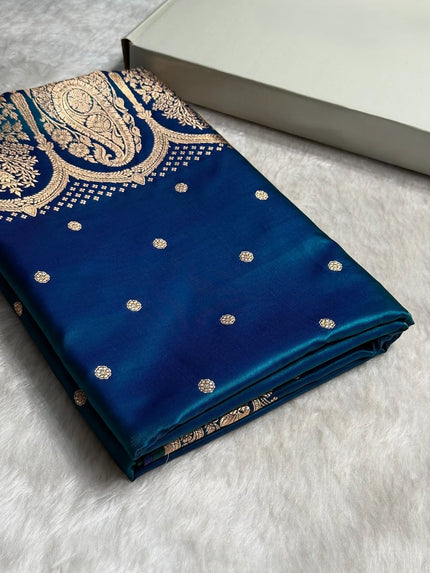 Royal Blue Banarasi Silk Saree with Golden Zari Buttas & Rich Paisley Border