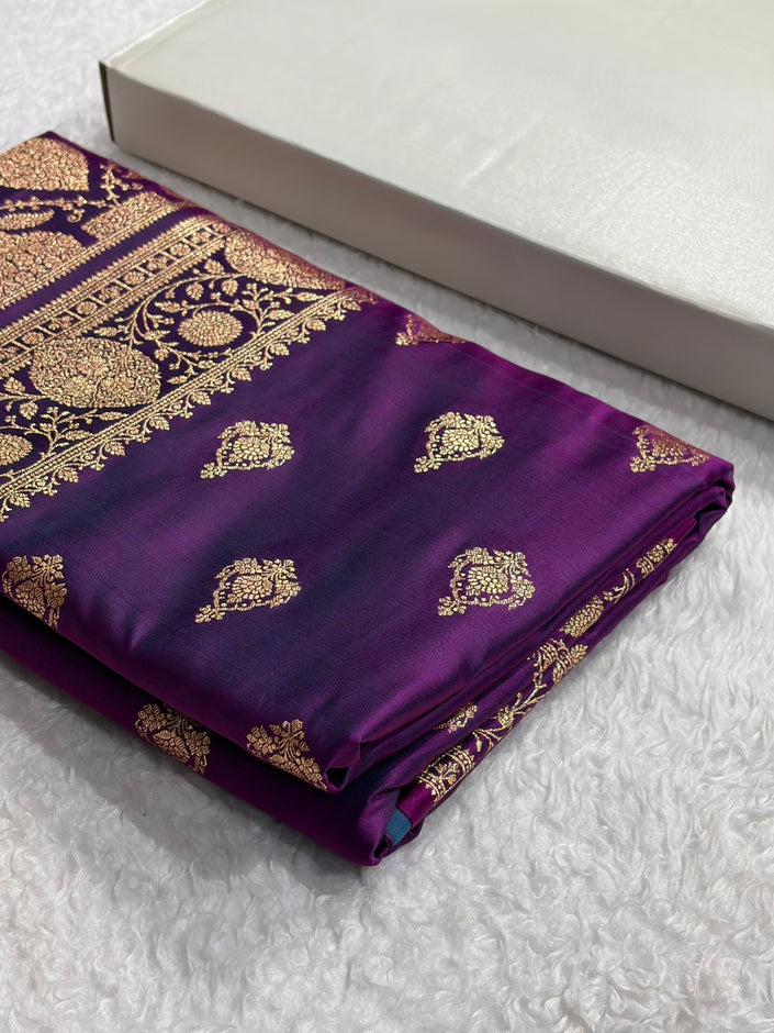 Royal Violet Banarasi Silk Saree with Grand Gold Zari Border & Paisley Buttas