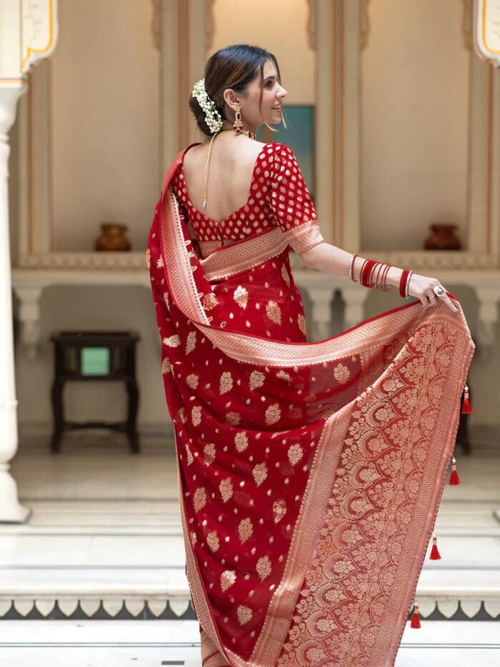 Scarlet Red Banarasi Soft Silk Saree