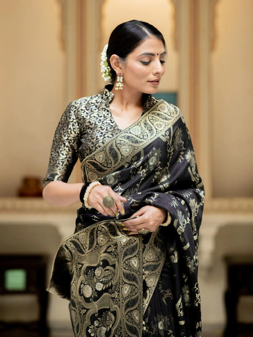 Hema Black Banarasi Silk Saree WIth Fabulouse Blouse Piece