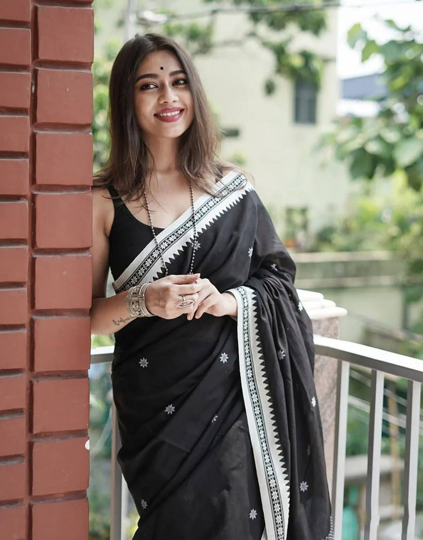 Twirling Black Cotton Silk Saree