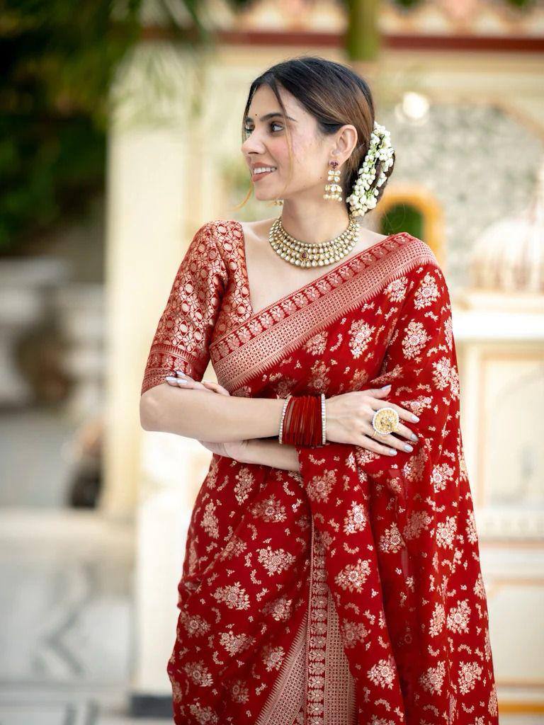 Demesne Red Soft Silk Saree With Nemesis Blouse Piece