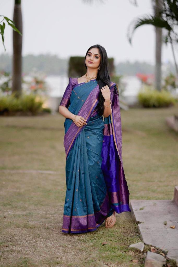 Blue Soft Lichi Silk Jacquard Work Saree
