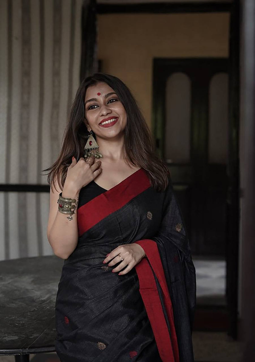 Vindhya Black With Red Border Soft Saree
