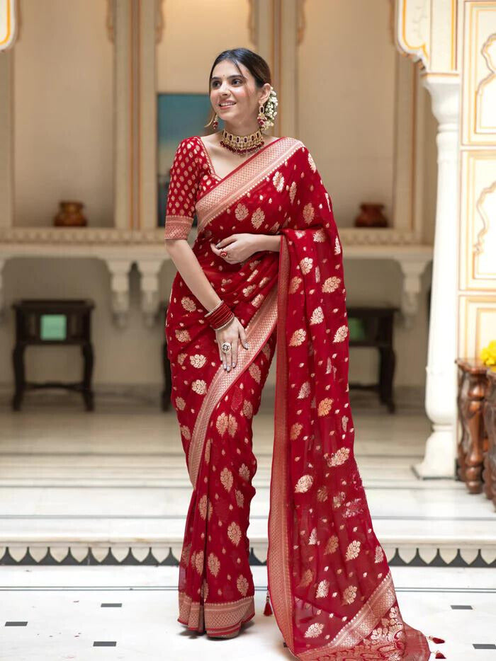 Scarlet Red Banarasi Soft Silk Saree