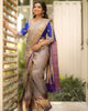 Gery Color With blue Blouse Golden Fulda Soft Silk Kantivati Saree Weaving