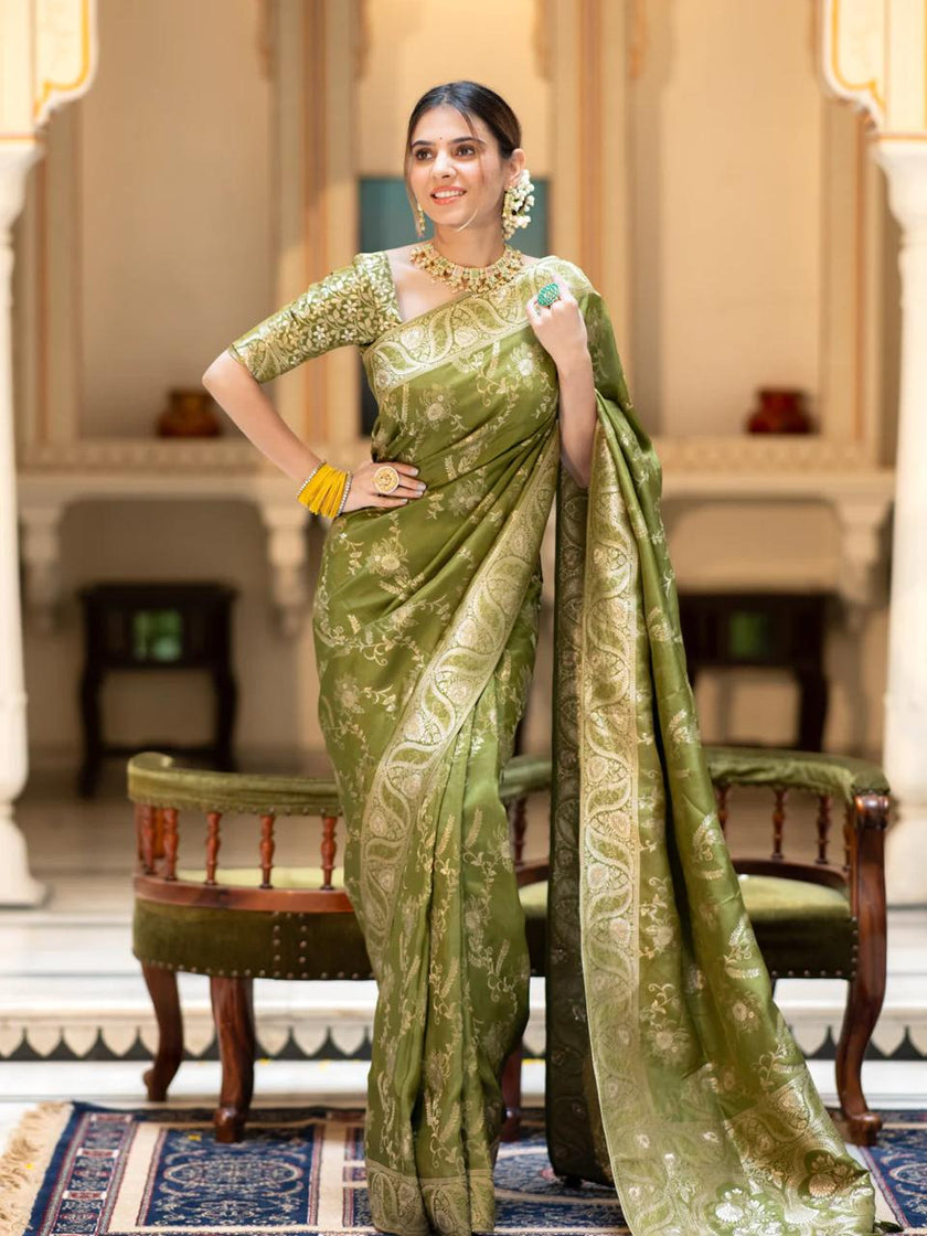Hema Mahendi Banarasi Silk Saree WIth Fabulouse Blouse Piece