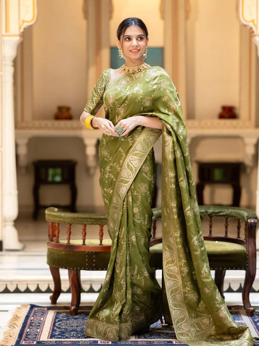 Hema Mahendi Banarasi Silk Saree WIth Fabulouse Blouse Piece