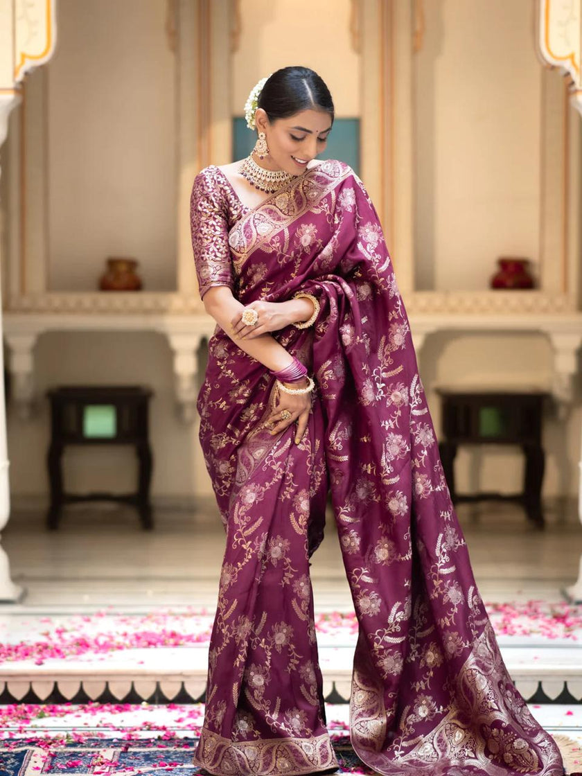 Hema Wine Banarasi Silk Saree WIth Fabulouse Blouse Piece
