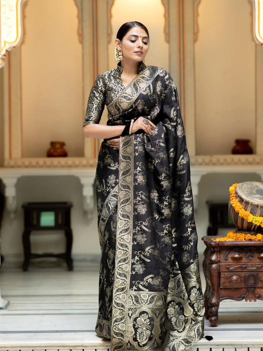 Hema Black Banarasi Silk Saree WIth Fabulouse Blouse Piece