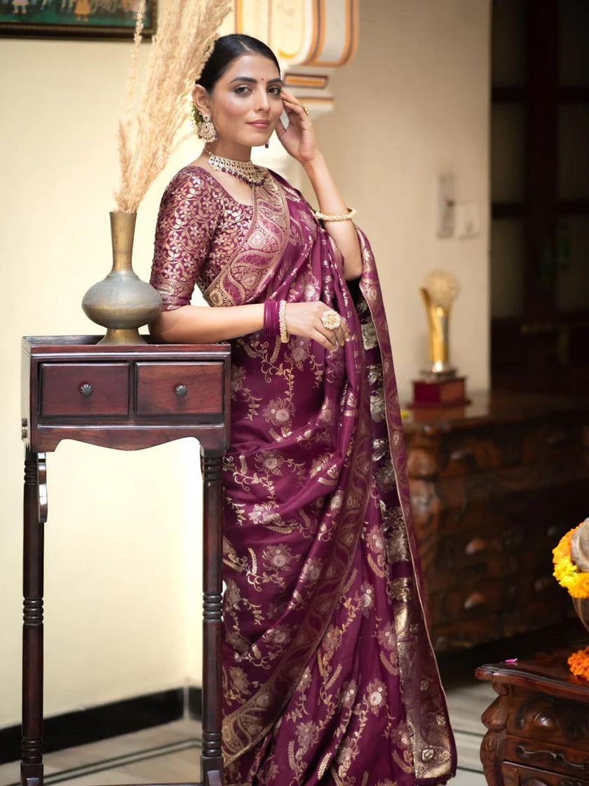 Hema Wine Banarasi Silk Saree WIth Fabulouse Blouse Piece