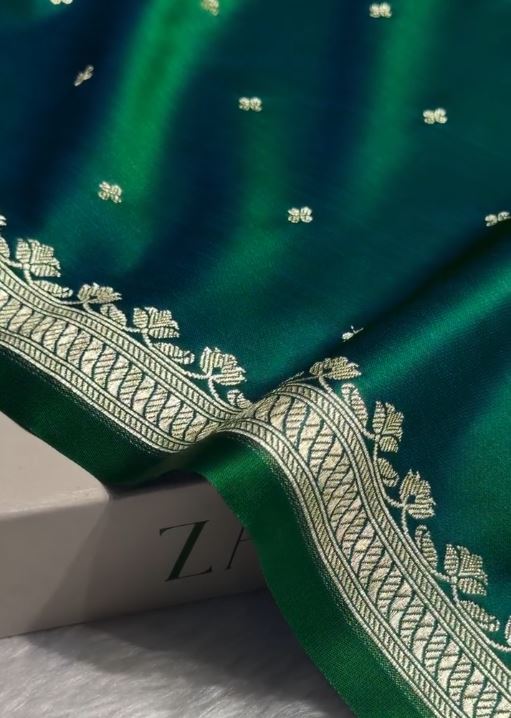 Emerald Green Soft Silk Saree with Silver Zari Butti & Designer Border | Elegant Festive Wear