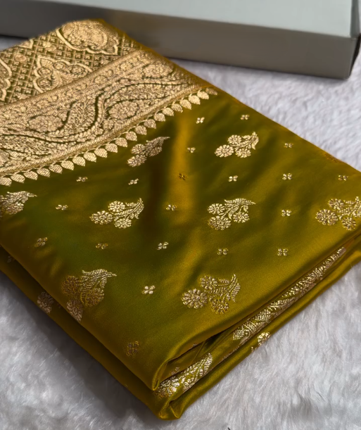 Mustard Olive Banarasi Silk Saree with Gold Zari Butta and Rich Pallu