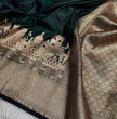 Bottle Green Banarasi Satin Katan Silk Saree with Traditional Ghat Zari Border