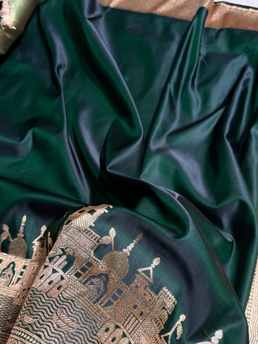 Bottle Green Banarasi Satin Katan Silk Saree with Traditional Ghat Zari Border