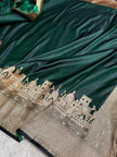 Bottle Green Banarasi Satin Katan Silk Saree with Traditional Ghat Zari Border