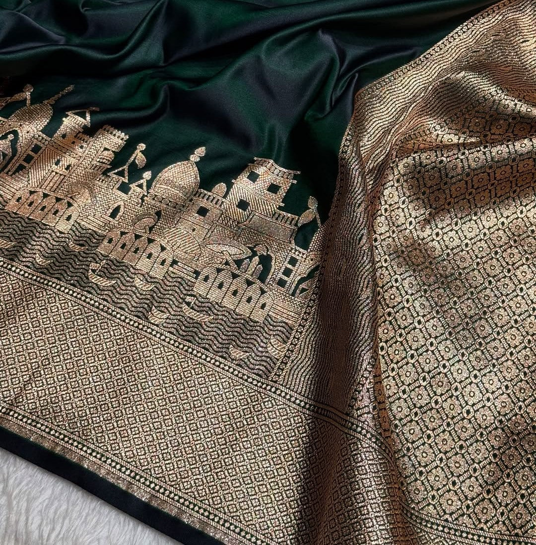 Bottle Green Banarasi Satin Katan Silk Saree with Traditional Ghat Zari Border