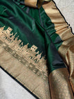 Bottle Green Banarasi Satin Katan Silk Saree with Traditional Ghat Zari Border