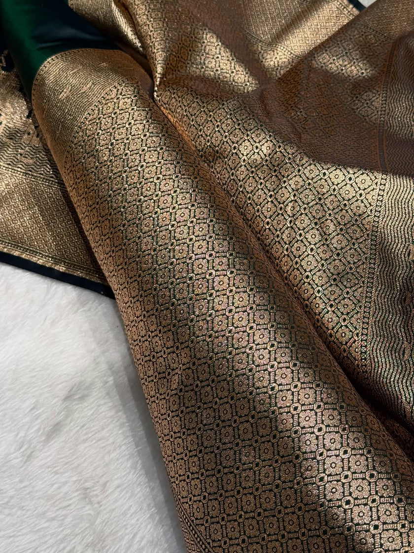 Bottle Green Banarasi Satin Katan Silk Saree with Traditional Ghat Zari Border