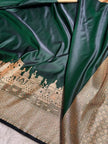 Bottle Green Banarasi Satin Katan Silk Saree with Traditional Ghat Zari Border