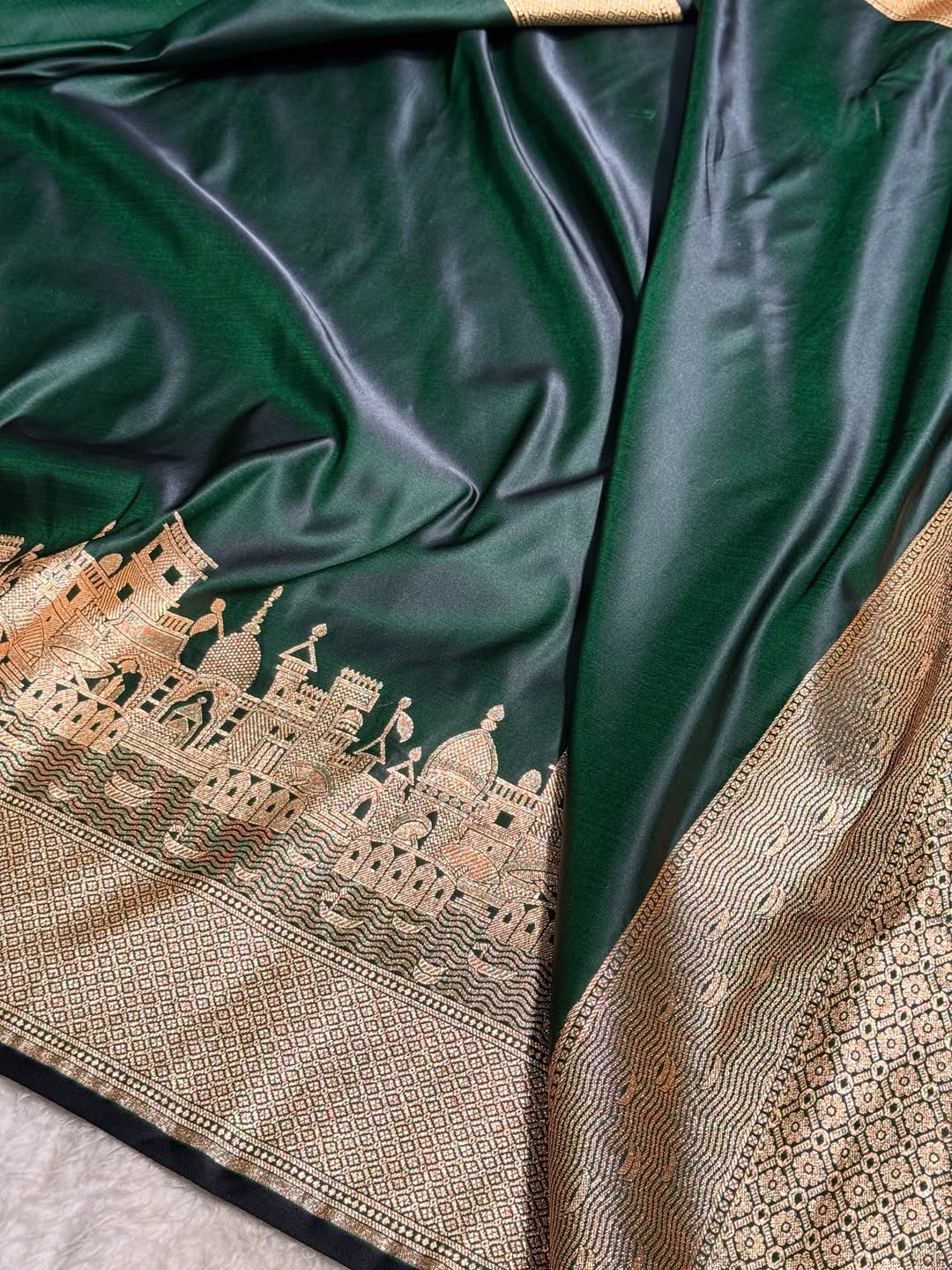 Bottle Green Banarasi Satin Katan Silk Saree with Traditional Ghat Zari Border