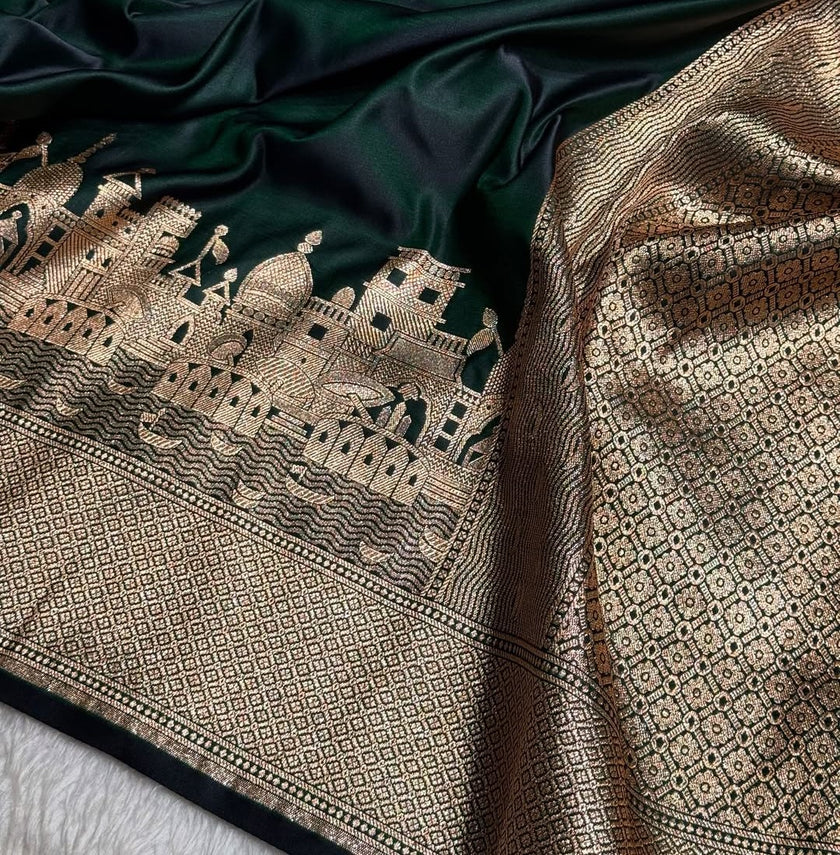 Bottle Green Banarasi Satin Katan Silk Saree with Traditional Ghat Zari Border