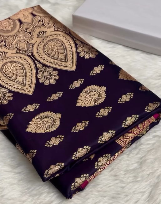 Royal Purple Banarasi Silk Saree with Antique Gold Zari Motifs