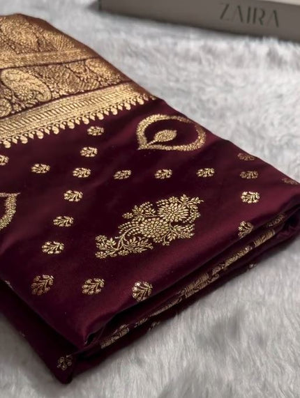 Wine Maroon Banarasi Silk Saree with Gold Zari Butti & Rich Designer Border | Royal Wedding Wear