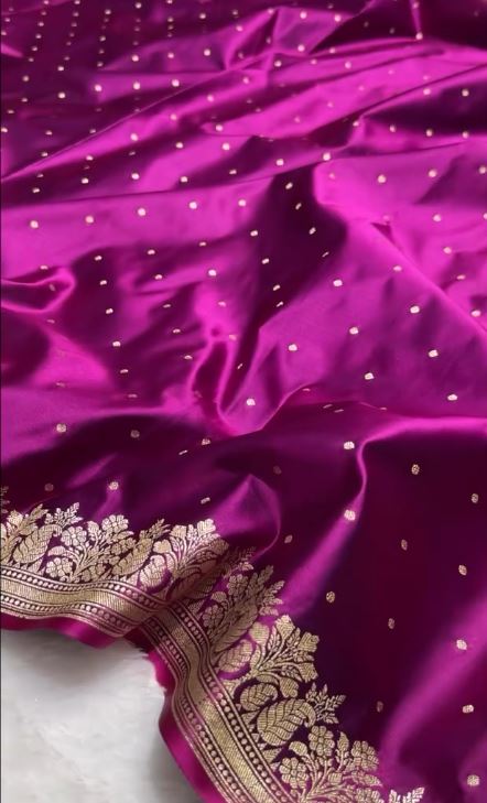 Rani Pink Banarasi Silk Saree with Gold Zari Butti & Floral Border | Elegant Festive & Wedding Wear