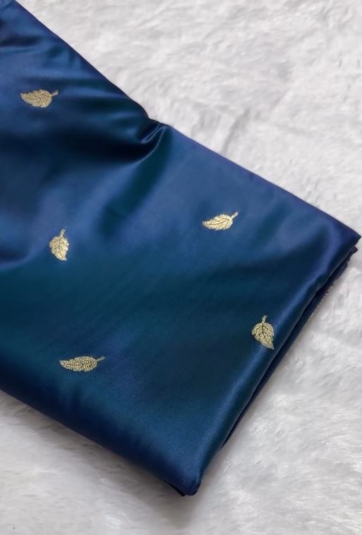 Steel Blue Banarasi Silk Saree with Gold Zari Leaf Buttas