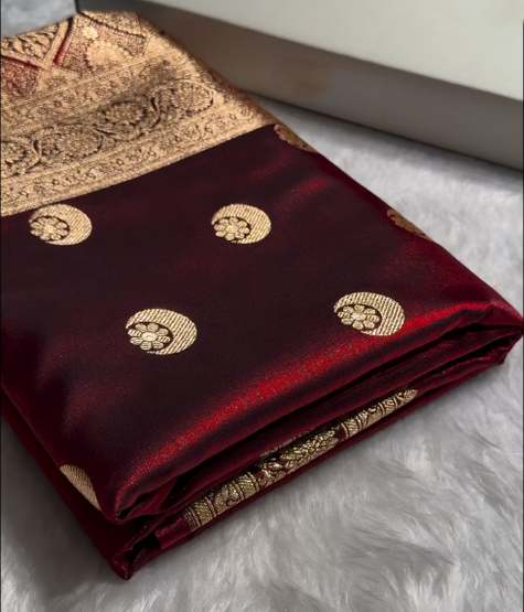 Wine Maroon Banarasi Silk Saree with Heavy Antique Gold Zari Pallu