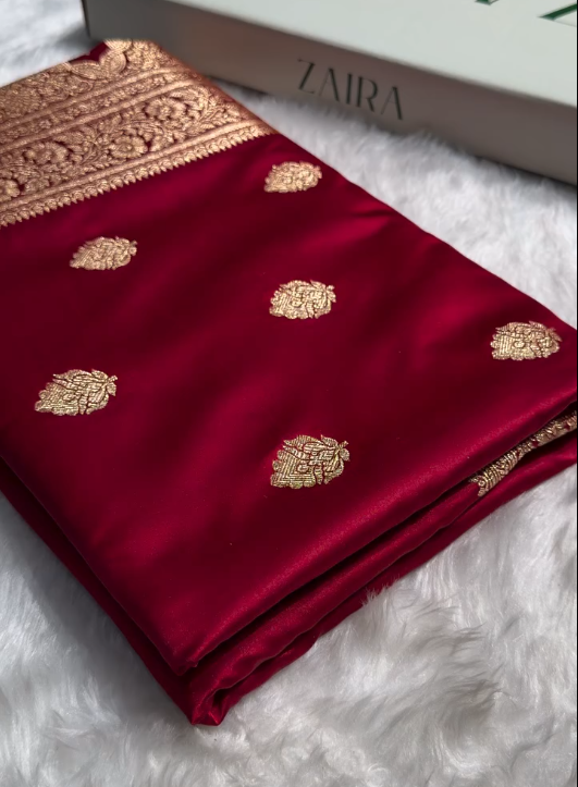 Elegant Maroon Satin Silk Saree with Golden Zari Motifs