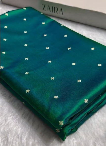 Emerald Green Soft Silk Saree with Silver Zari Butti & Designer Border | Elegant Festive Wear
