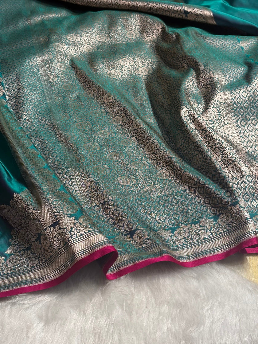 Peacock Teal Banarasi Silk Saree with Silver Zari Border & Contrast Magenta Accent