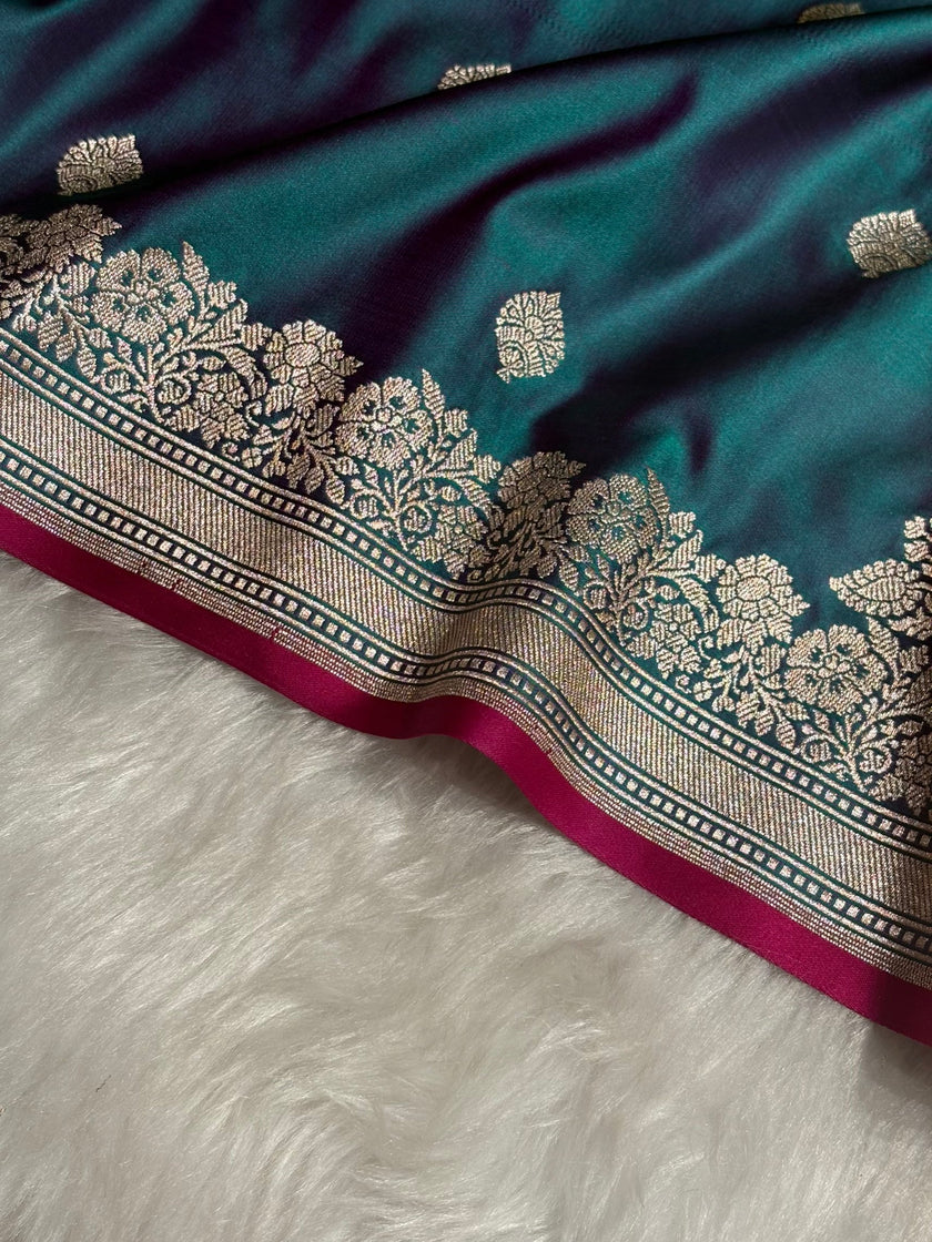 Peacock Teal Banarasi Silk Saree with Silver Zari Border & Contrast Magenta Accent