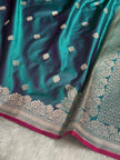Peacock Teal Banarasi Silk Saree with Silver Zari Border & Contrast Magenta Accent