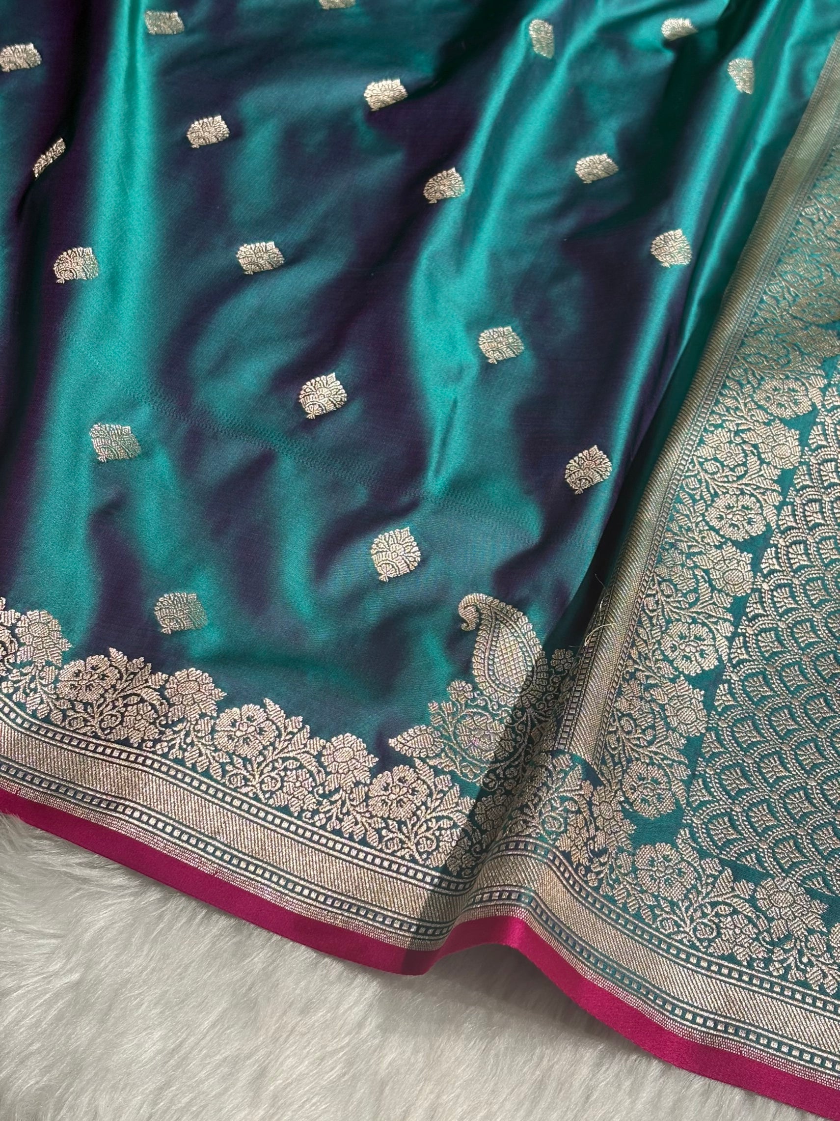 Peacock Teal Banarasi Silk Saree with Silver Zari Border & Contrast Magenta Accent