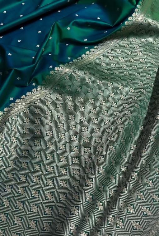 Emerald Green Soft Silk Saree with Silver Zari Butti & Designer Border | Elegant Festive Wear