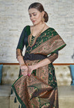 Dark Green Zari Woven Banarasi Jaal Katan Silk Saree