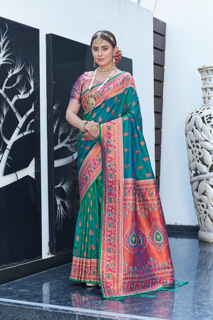 Latest Mint Green Meenakari Paithani Silk Zari Woven Saree