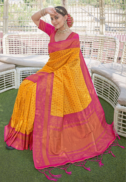 Yellow Colour Butti Zari Woven Paithani Silk Saree With Resham Tassel