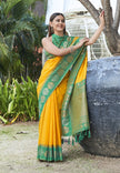 Stylish Orange Colour Soft Silk Zari Woven Floral Border Saree