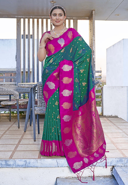 Bollywood Dark Green Soft Silk Contrast Zari Woven Saree
