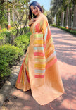 Dark Peach Organza Multicolor Latest Zari Woven Saree