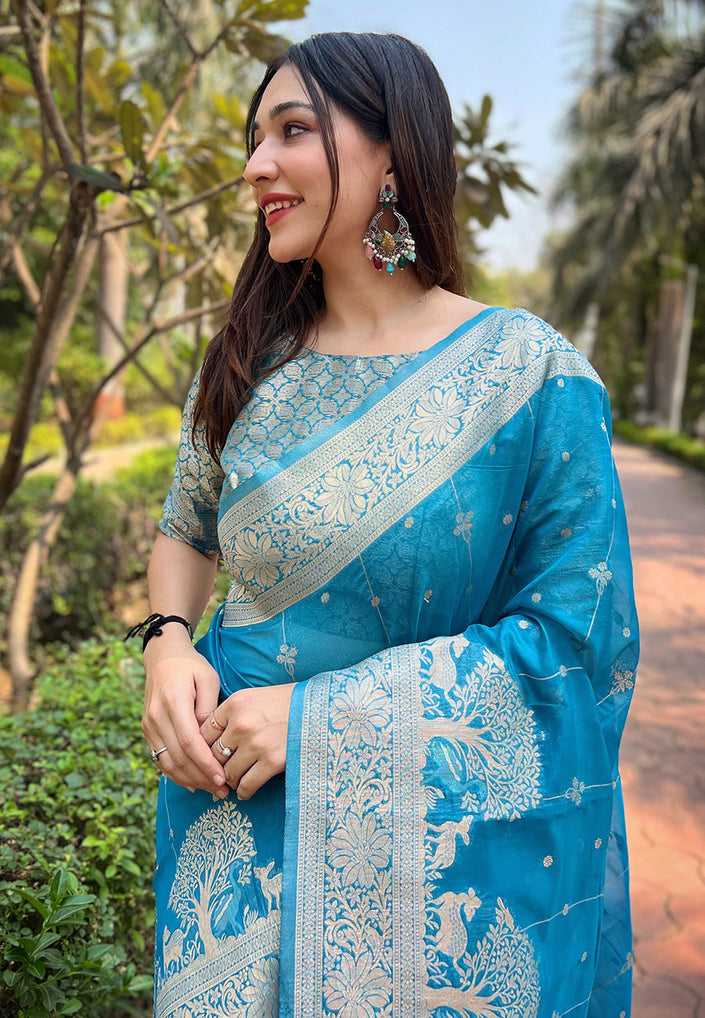 Blue Organza Floral Rainbow Zari Woven Unique Saree
