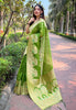 Parrot Green Organza Floral Rainbow Zari Woven Unique Saree
