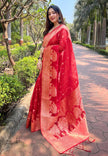 Red Organza Floral Rainbow Zari Woven Unique Saree