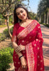 Red Organza Floral Dual Zari Woven Saree With Unstitched Blouse