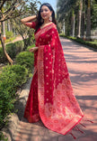 Red Organza Floral Dual Zari Woven Saree With Unstitched Blouse