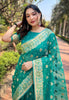 Bluish Green Organza Floral Dual Zari Woven Saree With Unstitched Blouse